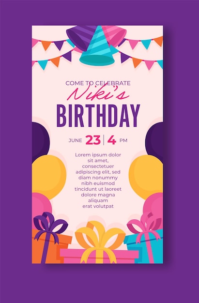 Flat design birthday party invitation for social media stories