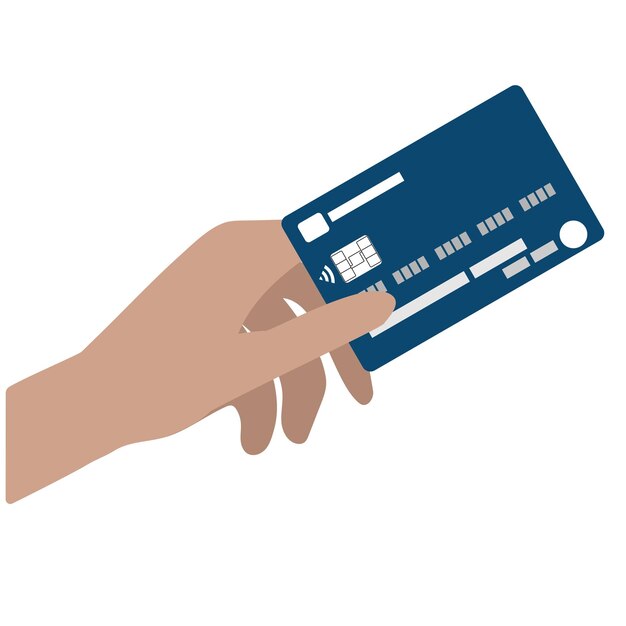 Vector flat design blue credit card in human hand isolated on white contact less payment online orders