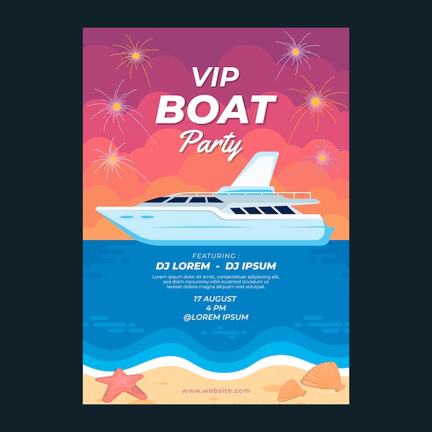 Vettore modello di poster per feste in barca dal design piatto