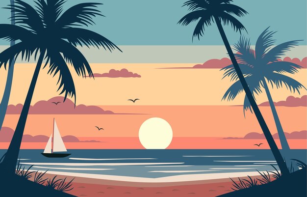 Vector flat design of boat sailing on the sea with colorful sky at sunset