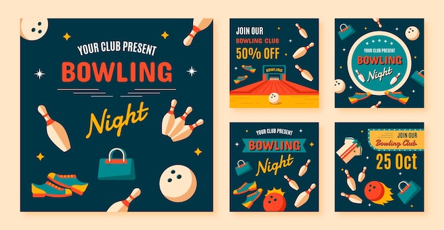 Vector flat design bowling game instagram posts