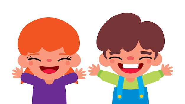 Flat design of boy and girl kids smiling and open arms together