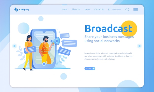 Modello di landing page broadcast design piatto