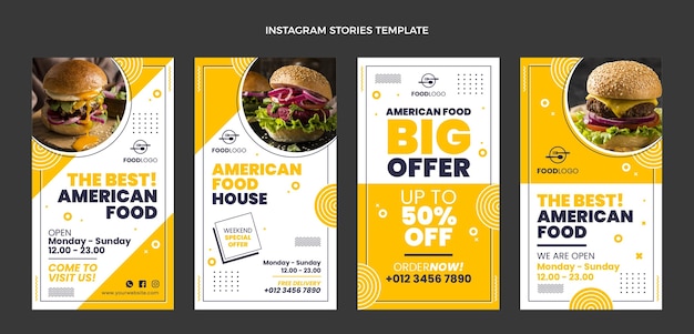 Vettore storie di instagram di hamburger dal design piatto