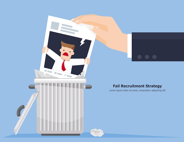 Flat design of business man hand is throwing employee resume to trash can