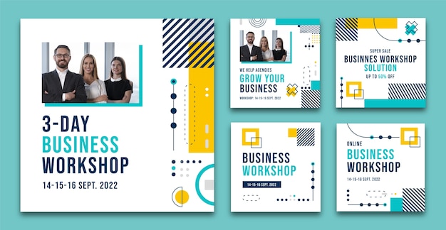 Flat design business workshop instagram posts set