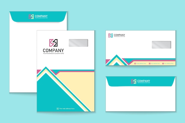 Flat design C4 and DL envelope template pink yellow and green color shape