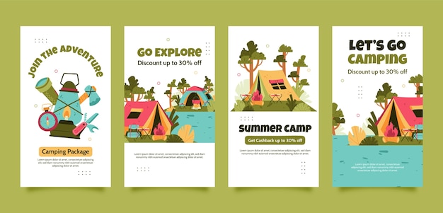 Vector flat design camping adventure instagram stories