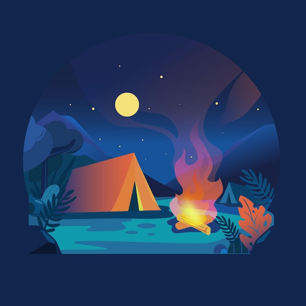 Vector flat design camping area landscape at night