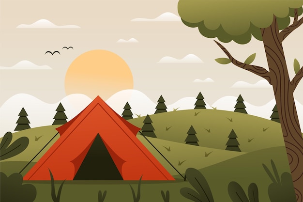 Paesaggio di area campeggio design piatto con tenda e colline