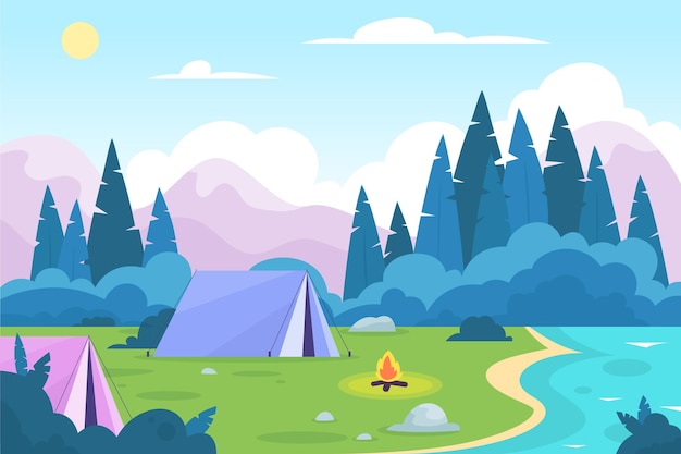 Flat design camping area landscape with tents