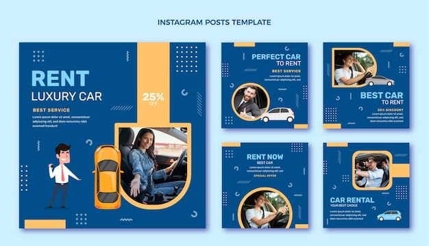 Vector flat design car rental instagram post pack