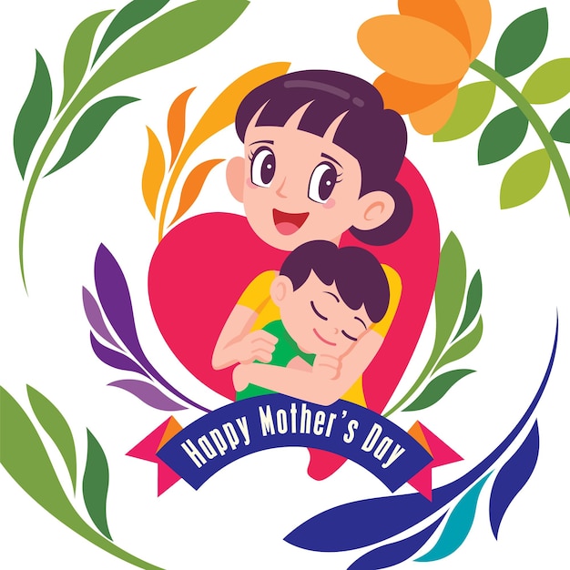 Flat design cartoon cute mother holding baby in arm on colourful floral pattern background