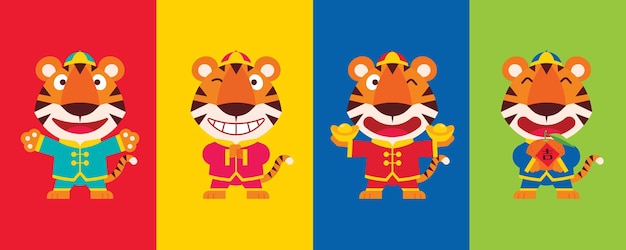Tigri sveglie del fumetto di design piatto che indossano il costume cinese con diverse pose su sfondo colorato
