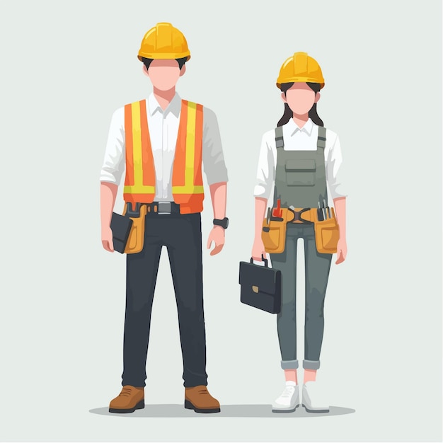 flat design character set of male and female construction workers with safety tool set