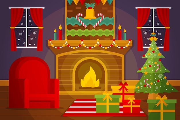 Vector flat design christmas fireplace scene