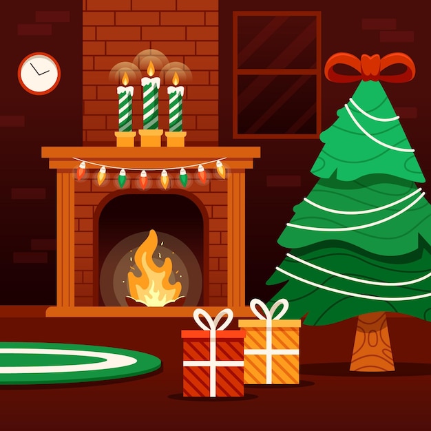 Vector flat design christmas fireplace scene