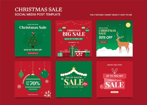 Flat design christmas sale social media post collection