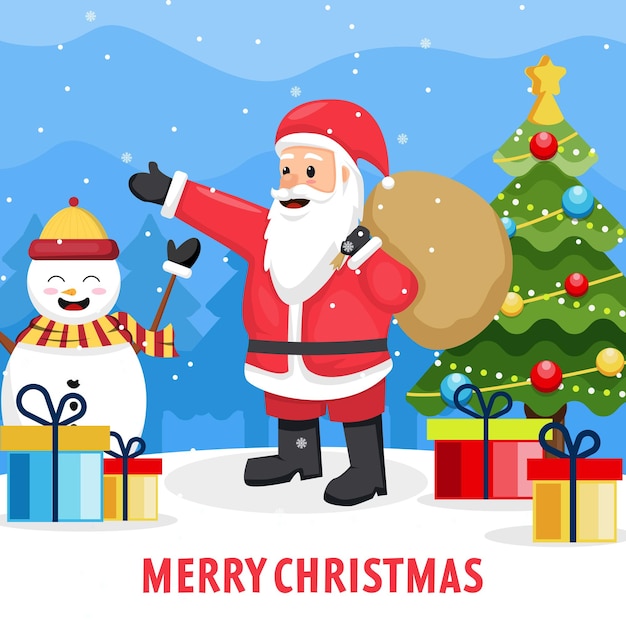 Flat design christmas scenes with santa claus snowman christmas tree and gift boxes