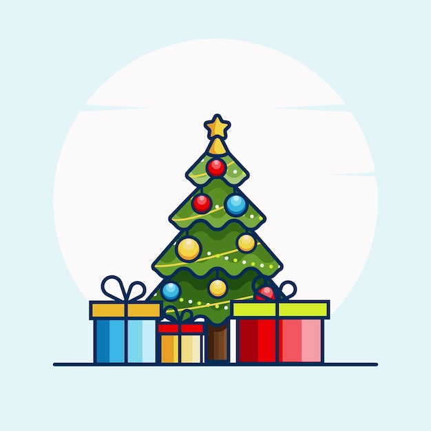 Рождественская елка в плоском дизайне, украшенная цепочкой из шаров и лампочек с подарочными коробками под елкой