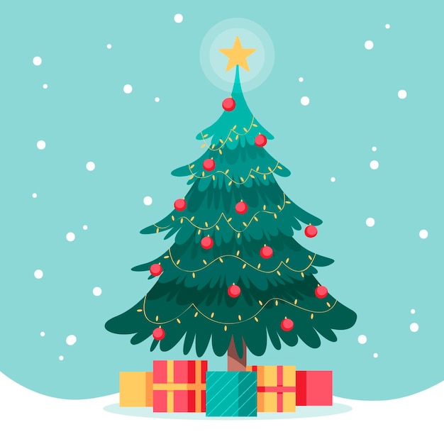 flat design christmas tree with gifts