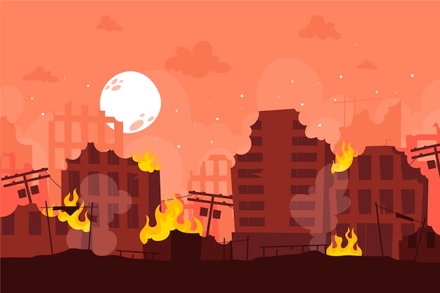 Vector flat design city on fire background