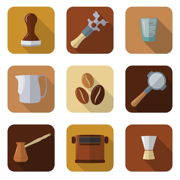 Vector flat design coffee barista equipment icons set