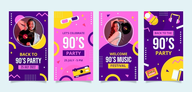 Vector flat design colorful 90s party instagram stories