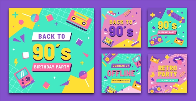 Vector flat design colorful 90s party template