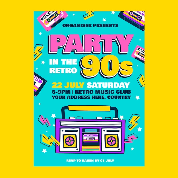 Flat design colorful 90s party template