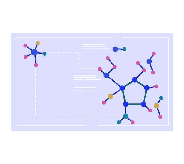 青色の背景にカラフルな分子構造のフラットなデザイン抽象的な科学分子モデル化学研究と科学教育のベクトル図