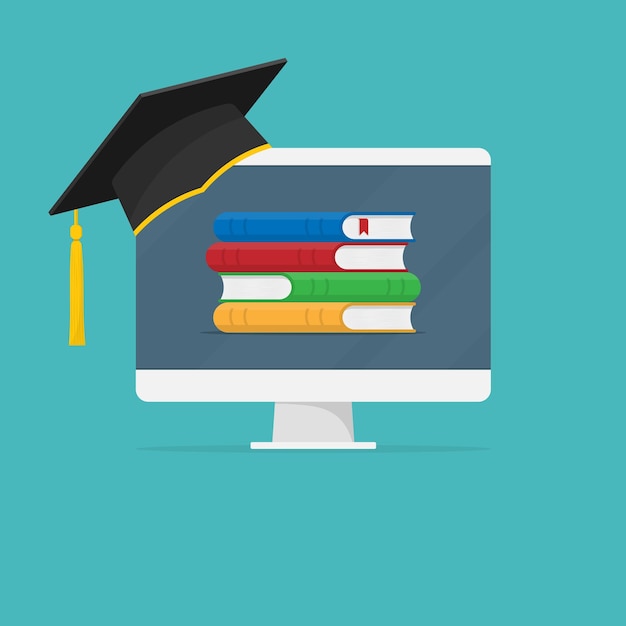 Flat design colorful vector illustration concept for distance education online learning for web banners and print materials Isolated on blue background