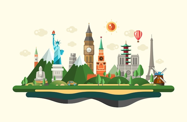 Vector flat design composition illustration with world famous landmarks