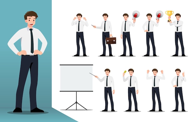 Flat design concept of businessman with different poses, working and presenting process gestures, actions and poses.  cartoon character design set.