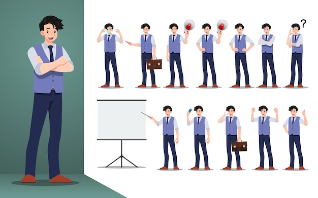 Flat design concept of Businessman with different poses, working and presenting process gestures, actions and poses, cartoon character design set.