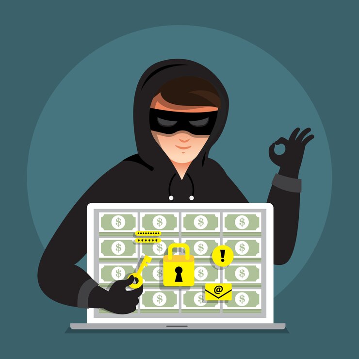 वेक्टर flat design concept hacker activity cyber thief on internet device. illustrate.