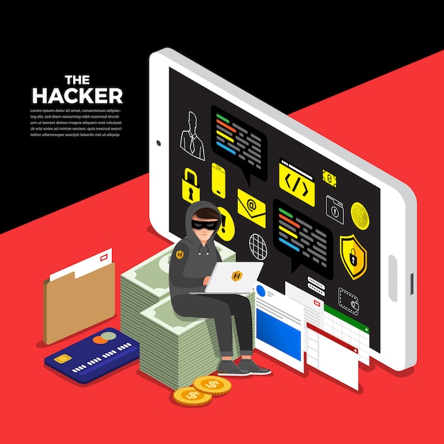 Vector flat design concept hacker activity cyber thief on internet device.