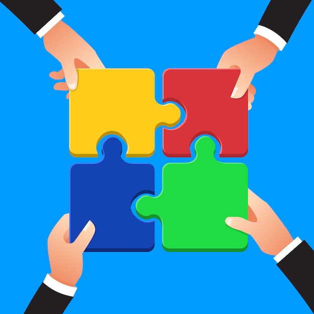 Flat design concept hands teamwork building success business with jigsaw symbol. illustrate.