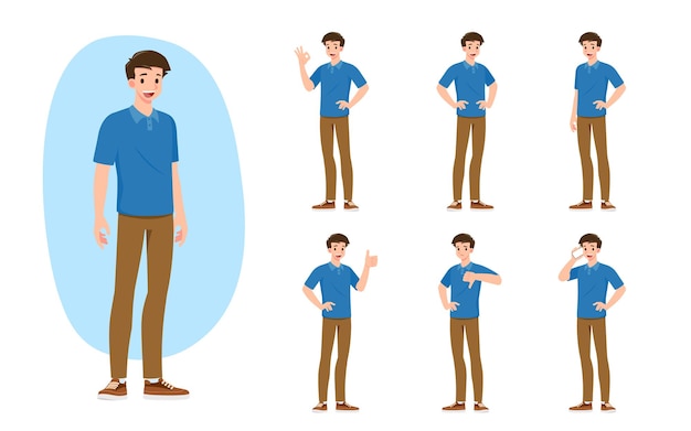 Flat design concept of man with different poses, presenting process gestures and actions. vector cartoon character design set.