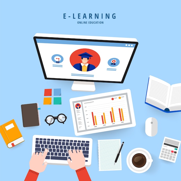 Vector flat design concept people education online knowledge witgh e-learning program