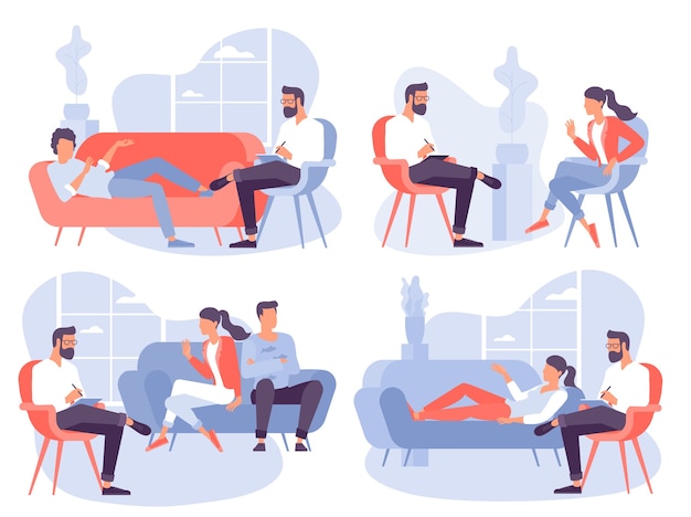 Flat design  concept for psychotherapy session. Patient with psychologist, psychotherapist office. Psychiatrist session in mental health clinic.