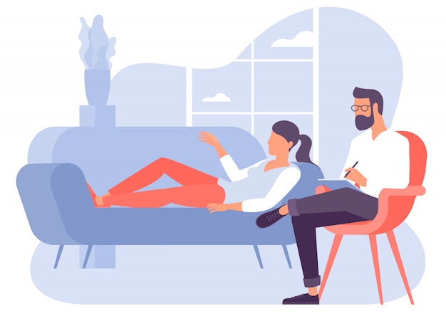 Vector flat design   concept for psychotherapy session. patient with psychologist, psychotherapist office. psychiatrist session in mental health clinic.