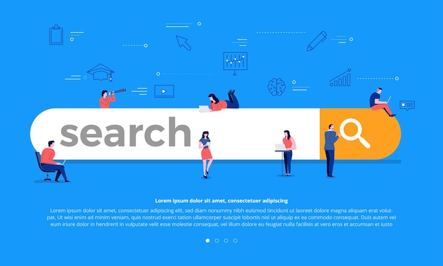 Flat design concept team building search bar for best result ranking page