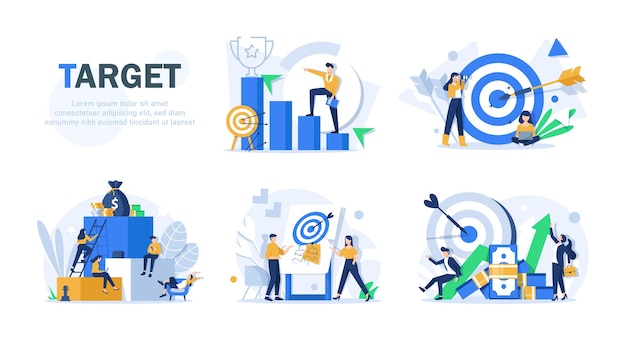 Flat design concept teamwork to build organizational success by setting the right marketing target