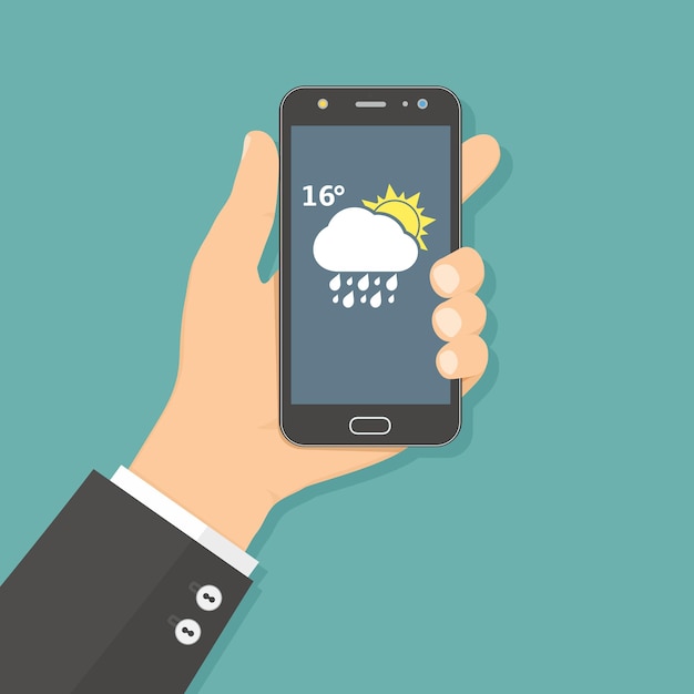 Плоская концепция дизайна с рукой, держащей мобильный телефон с погодным приложением