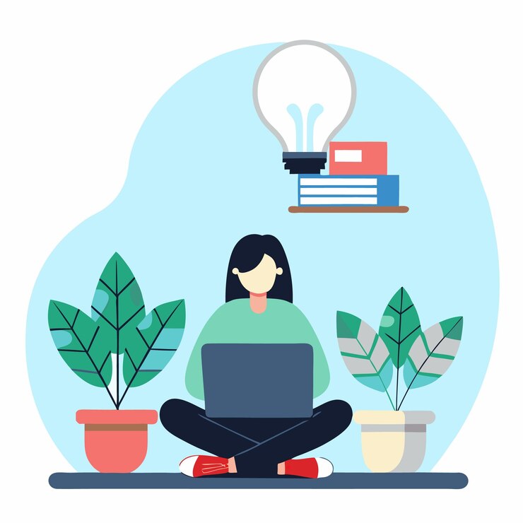 Vector flat design concept woman using laptop for online work knowledge and innovation in digital age