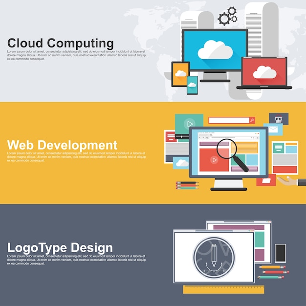 クラウドコンピューティング、Web開発、ロゴデザインのフラットデザインコンセプト