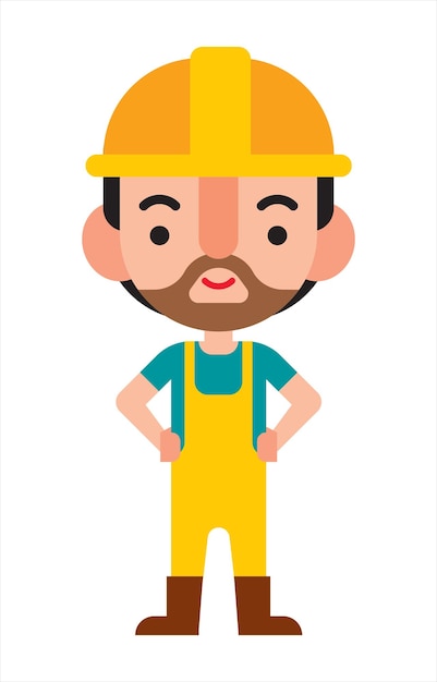 Flat design contruction worker character with beard in uniform with his hands on waist