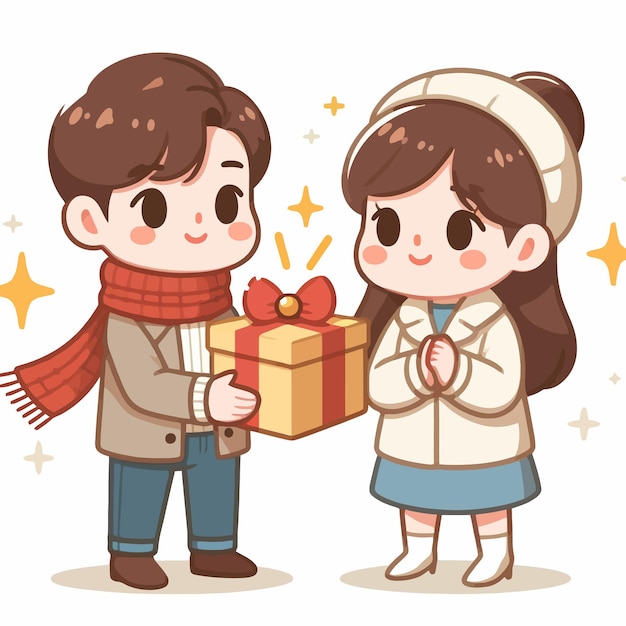 a flat design of a couple giving a gift love and heart