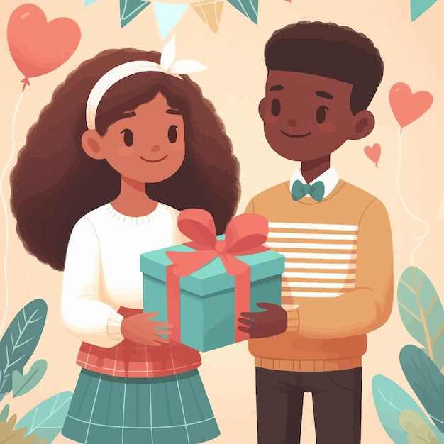 a flat design of a couple giving a gift love and heart